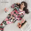 Temmuz Şarkı Kadın Faux İpek Pijama Saten Pijama Set Çiçek Baskı Uzun Kollu 2 Parça Sonbahar Kış Pijama Homewear 210320