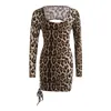 Casual Dresses 2021 Women Sexy Leopard Mini Dress Long Sleeve O-Neck Backless Skinny Stretch Short Hollow Out Night Club Sex Wear