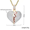 18K Gold Broken Broken Heart Colar Colar Hip Hop Copper Jóias cúbicas Conjunto de jóias de 60 cm de 60 cm de corações de corações pendentes de diamante pingente de diamante para homens