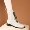 Meotina Women Ankle Boots Shoes Real Leather Low Heel Female Boots Zip Lace Up Square Toe Chunky Heels Short Boots Autumn Winter 210608