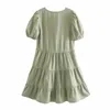 Sommer Frauen Tiered Rüschen Spleißen Leinen Mini Kleid Weibliche V-ausschnitt Puff Sleeve Kleidung Casual Dame Lose Vestido D7727 210430