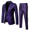 Herfst luxe glanzend donker patroon blazer pak voor mannen jassen en broek terug split fit single button bruiloft club mannelijke kleding x0909