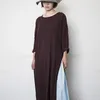 Johnature Simple Comfortable Women High Slit Dress Autumn Loose Vintage Cotton Linen Long Sleeve O-neck Female Dresses 210521