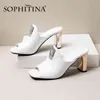 Sophitina Concase SandalsレディースメタルメッキヒールマイクロファイバースクエアヒールサンダルスクエアバックルスリッパSO477 210513