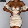 Isarose Robe sexy pour femmes coupe basse coupe filaire stretch satin soie épaule froncée mini robes fête discothèque porter 210422