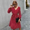 Autumn Dresses Women Elegant V-neck Casual A-Line Midi Dress Vintage Red Yellow Striped Sashes Lace-up Femme Robe Veatidos 210517
