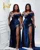 2021 Plus Size Arabic Aso Ebi Royal Blue Velvet Prom Dresses Crystals High Split Sexy Evening Formal Party Second Reception Bridesmaid Gowns Dress ZJ366