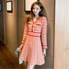 Primavera Outono Vintage elegante xadrez malha vestido mulheres manga comprida v-pescoço vestidos de túnica com bolsos coreano robe femme 210513
