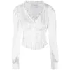 WOMENGAGA Primavera Estate Vita pieghettata Slim francese coreano pizzo bianco camicia a maniche lunghe camicetta donna Top QW4 210603