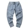 Män Jeans Hole Ripped Denim Trousers Snygg Street-Wear Baggy Straight Trendy Korean-Style All-Match Fritid Mens Ankellängd G0104