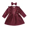 Robes pour filles Robe pour tout-petit Bébé Dentelle Velours côtelé Robes de princesse Bowknot en épingle à cheveux Robe à manches longues pour bébé Nouveau-né Boutique Vêtements 2572 Q2