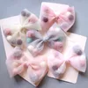 Korean princess style colorful plush ball net yarn lace bow duck bill side clip hair accessories pink