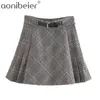 Spring Autumn Checked Pleated Skirt Fashion Spliced Detail Side Zipper High Waist A-Line Casual Women Plaid Mini 210604
