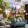 3D-landschap Wallcovering Wallpaper Romantisch Thatch House Landschap in het Fantasie Bos Binnenlandse Interieur Schilderen Muurschilderingen Wallpapers