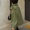 Primavera Cintura Alta Slim Saias Femininas Moda Coreana Cor Sólida Grande Swing Skirt Senhoras ArmyGreen Long Jupe 210510