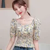 Koreansk stil puffhylsa blusar Wome Blusas Mujer de Mona n Slim Waist Kvinna Toppar Casual Tryckt Chiffon 10213 210506