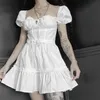 Casual Dresses Sexig Off Shoulder Black White Gothic French Street Puff Sleeve Hög midja Klänning Sommar Mini A-Line Solid Kläder