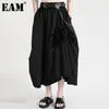 [EAM]高弾性ウエストブラックアップリケのフリルズ緩い縞模様の半身スカート女性ファッション春秋1DD7164 210512