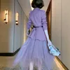 Elegant Lady Office Two Piece Outfits Autumn Fashion Women Long Sleeve Beading Ruffle Blazer Suit Mesh Skirt Matching Sets 210601