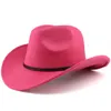 Unisex Western Cowboy Woolen Caps Wide Brim Fedora Jazz Cap with Strap Beach Sun Hat Couple Bowler Hats