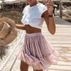 Casual bolinhas mini mulheres saia cintura alta uma linha coreana cor-de-rosa verão saia sexy ruffle praia feminina saias 210730