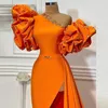 Designer Orange Robe De Soirée Gaine Une Épaule Cristal Perles Manches Bouffantes Sexy Split Avant Satin Magnifique Africain Longue Robes De Bal Parti Robes De Célébrités