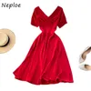 Neploe V Neck Short Sleeve Temperament Dress Women High Waist Hip A Line Solid Vestidos Summer Solid Robe Slim Holiday 210510