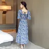 Longue maxi robe pour femmes coréen manche à manches carrée col carré bleu élégant imprimé robe de causalité sexy dames 210602