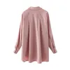 Elegant Women Solid Pink Satin Shirts Fashion Ladies Button Loose Tops Causal Female Chic Turn Down Collar Blouse 210430
