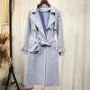 Koreaanse stijl dubbele breasted suède trenchcoat vrouwen elegante kantoor slijtage medium lange windjack dames draai de kraag uitloper 210525