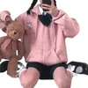 Ulzzang Preppy стиль карманный капюшон мультфильм печать женщин милая одежда Harajuku Kawaii розовая толстовка женщины аниме на молнии 211013