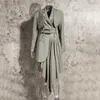 Twotyle froncé irrégulier deux pièces ensemble pour femmes crantée à manches longues à lacets haut taille haute jupe costume femme 210730