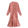 Sweet Chic Heart Printed Trumpets Women Fashion O-Neck Dress Elegant Ladies Long Sleeve Mermaid Mid Calf Vestidos 210531