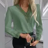 Kvinnors Blusar T-shirts 2022 Office Lady Fashion Solid Enkel Blus Elegant V-Hals Chiffon Broderad Sihrt Höst Kvinnor Casual Lång Slean