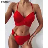 Ingaga Leopard Bikini Zestaw Wysokiej talii Swimsuit Kobiet Push Up Swimwear Kobiet Krzyż Bandaż Kostium kąpielowe String Halter Beachwear 210318