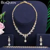 Beaeeen Luxury Dubai Gold Cubic Zirconia Leaf Drop Wedding Серьги Ожерелье Браслет 3 шт. Наборы ювелирных изделий для невесты JS217 H1022