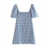 Women Summer Embroidered Mini Za Dress Short Puff Sleeve Openwork Blue Office Lady Dress Back Zip Woman Embroidery Dresses 210602