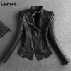 Lautaro Automne Court Noir Léger Soft Faux Cuir Biker Veste Femmes Manches Longues Fermeture À Glissière De Luxe Marque De Mode Slim Fit 2022 211118