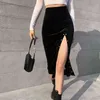 Moda Bodycon Skirt Mulheres Stretchable Split Meados Bezerro Slim Lápis S para Knit Feminino 210524