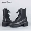 Sophitina Kadın Ayakkabı Moda Zarif Comfotable Yüksek Kaliteli Bayanlar Ayak Bileği Çizmeler Örme Dantel Up Rahat Siyah Kadın Çizmeler C787 210513
