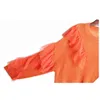 [EAM] Frauen Orange Rüschen Stricken Große Größe Kleid Rundhals Langarm Lose Fit Mode Frühling Herbst 1DD5981 210512