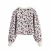ZA Women Fashion Jacquard Cropped Knitted Cardigan Sweater Vintage Lantern Sleeve Buttons Female Outerwear Chic Tops 210602