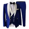 Męskie Garnitury Blazers Wiosna / Jesień Mężczyzna Królewski Niebieski Mężczyźni Z Białą Lapel Jacket + Podwójna Kamizelka Kamienista + Spodnie Slim Fit Formalne Ślub Tuxedo 20