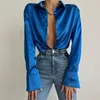 Mulheres 2022 elegante cetim sólido manga comprida blusas feminina chique vintage azul verde casual solto encaixe botões para baixo camisas para baixo