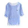 Sommar bomullslinne Patchwork T Shirt för män Bröst Liten Whale Broderi Fashion Short Sleeve Tshirt Loose Teetops 210707