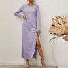 Fashion Autumn Casual Sexy long Dress for womens Spring Solid color sleeve o neck button slit dress female High street 210508