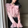 Kvinnor Rosa Svart Grå Velvet Solid Bow Collar Knapp Långärmad Ruffle Shirt Blouse B0229 210514