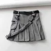 Vintage Belt black Pleated skirts womens pocket high waist Streetwear office mini korean faldas 210521