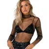 T-shirt das mulheres mulheres lace malha bolinhas manga longa transparente turtleneck top sheer moda