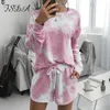 FSDA Summer 2020 Women Set Home Tie Dye Long Sleeve Top Shirt And Shorts White Outfits Casual Suit Loose Two Piece Sets X0428